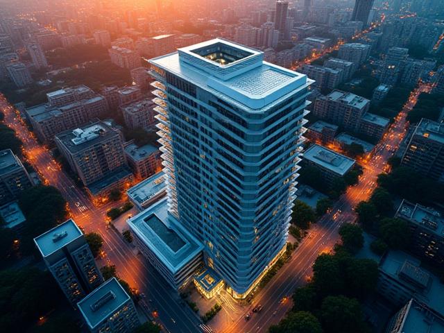 Vista aérea de un edificio moderno en una ciudad vibrante al atardecer